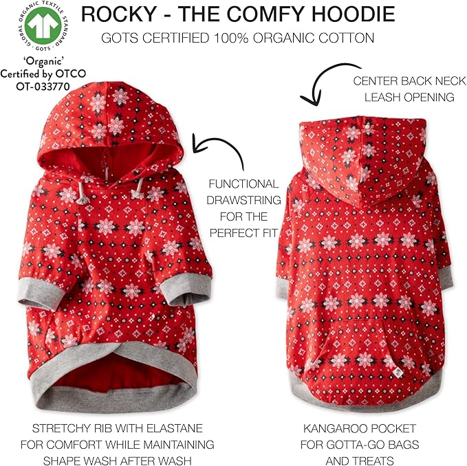 Rocky – The Orginal Lightweight Hooded TEE 100% Organic Cotton Dog Hoodie Pet Coat Sweater for Small, Medium, Large Dogs, Red Fair Isle, Large