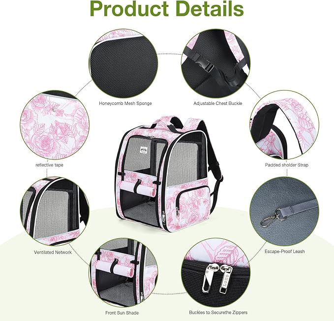 Lekebobor Large Cat Backpack Carrier Expandable Pet Carrier Backpack for Small Dogs Medium Cats Fit Up to 18 Lbs,Dogs Foldable Puppy Backpack Carrier for Travel, Hiking,Pink Flowers Pattern