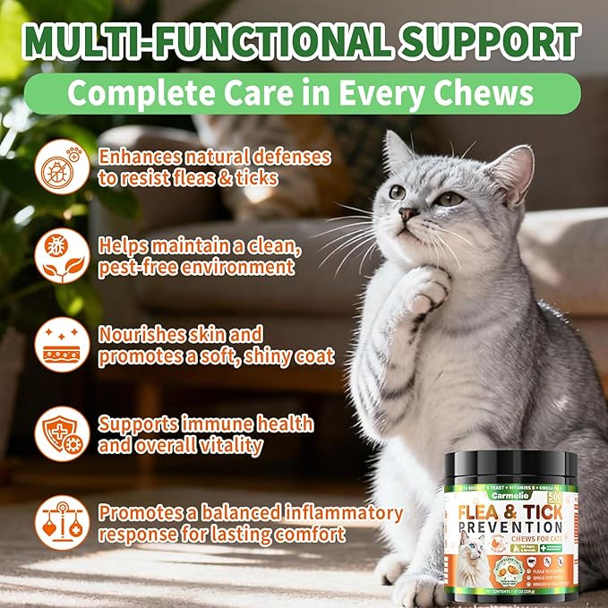 Flea and Tick Prevention for Cats, 500 Crunchy & Creamy Chews, Cat Flea Chewables with Natural Oral Flea Treatment Supplement Cats, Skin & Coat Support - All Breeds & Ages - Chicken and Krill Flavor