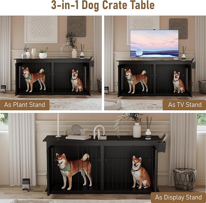 78.8" Double Dog Crate Furniture with Sliding Barn Doors, 4 Storage Spaces, Extra Large Indoor Pet Kennel for 2 Dog, Farmhouse Style Cage (Advanced Black)