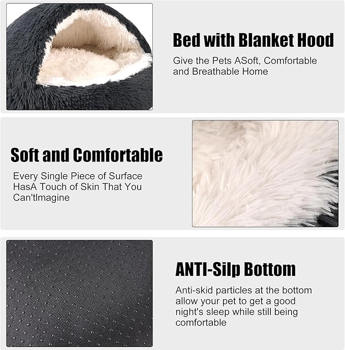 HYQ Dog Bed for Small Dogs, Cozy Cat Cave Bed, Cat Beds for Indoor Cats Washable, Non-Slip Cat Beds, Calming Dog Bed with Hooded Cover, Dog Bed with Cover for Small Medium Pets(Dark Grey, 16×16 Inch)