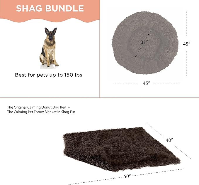 Best Friends by Sheri Bundle Set The Original Calming Shag Donut Cuddler Cat and Dog Bed + Pet Throw Blanket Dark Chocolate Extra Large 45" x 45"