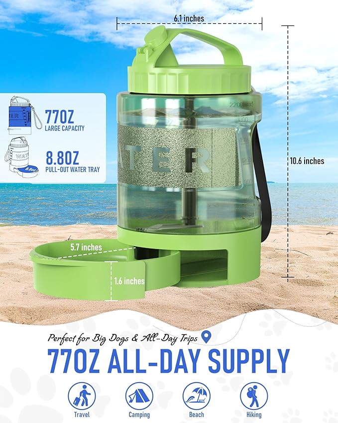 ortable Dog Travel Water Bottle, 77oz Large Portable Dog Water Bowl Dispenser, Leakproof Pet Drinking Bottle Dispenser for Hiking Camping Walking Travelling Beach Car Trips, No Spill, BPA Free,Green