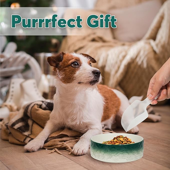 YOBRO Elegant Dog Bowls Set for Small Breeds, Beautiful Ceramic Stone Alike Style, Pet Bowl Set with Wooden Stand, Non-Slip,Modern Food or Water Dishs for Small Size Dogs, Gifts for Dog Owners, Green