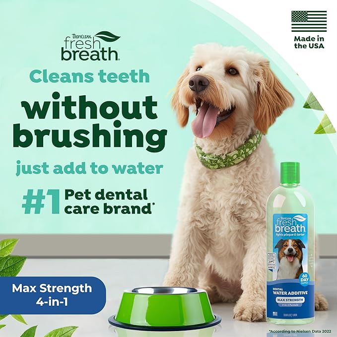 TropiClean Fresh Breath Advanced Whitening Water Additive for Dogs, Max Strength Dog Teeth Cleaning and Breath Freshener Solution, 33.8oz