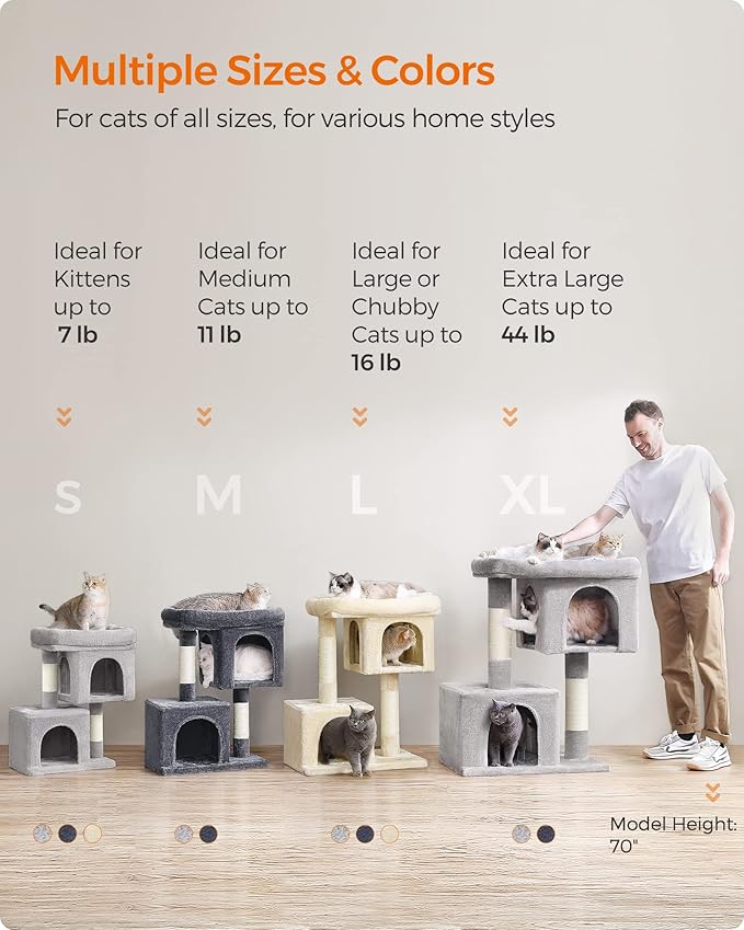 Feandrea Cat Tree, 29.1-Inch Cat Tower, M, Cat Condo for Medium Cats up to 11 lb, Large Cat Perch, 2 Cat Caves, Scratching Post, Smoky Gray UPCT612G01