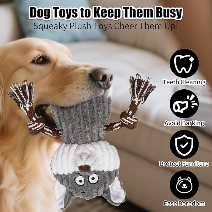 5 Pack Large Dog Squeaky Toys,Tough Stuffed Plush Dog chew Toys Assortment,Durable Plush Animal Dog Toys with Tug of War Rope to Keep Them Busy, Puppy Toys Value Bundle for Small Medium Large Dogs