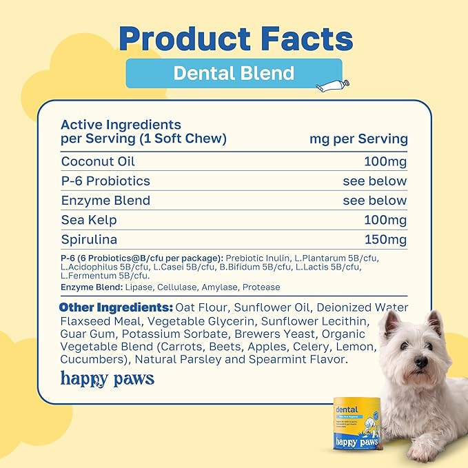 Happy Paws Dental Chews for Dogs, Spearmint Flavor Soft Chews with Coconut Oil, Enzyme Blend, Spirulina, Sea Kelp & P-6 Probiotics, Supports Oral Hygiene, Fresh Breath & Digestive Health, 200 Count