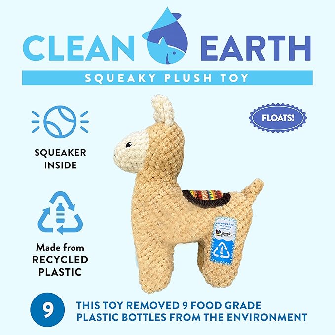 Spunky pup Clean Earth Plush Dog Toy with Squeaker - Recycled, Eco-Friendly, Floats for Beach, Lake, Pool - Llama