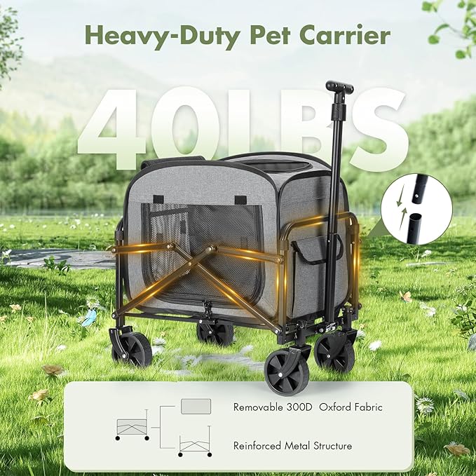 Lekereise Extra Large Pet Carrier with Wheels – Soft-Sided Foldable Rolling Cat Carrier for Puppy and Small Medium Dogs Under 30lbs, Stable & Ventilated Travel Crate for Camping and Outdoor, Grey