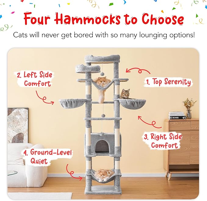 77-Inch Tall Cat Tree for Indoor Cats, Multi-Level Large Cat Tower with 4 Hammocks, 2 Padded Perches, Cat Condo, Sisal Scratching Posts and Hanging Toys for Large Adult Cat, Light Grey