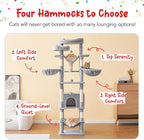 77-Inch Tall Cat Tree for Indoor Cats, Multi-Level Large Cat Tower with 4 Hammocks, 2 Padded Perches, Cat Condo, Sisal Scratching Posts and Hanging Toys for Large Adult Cat, Light Grey