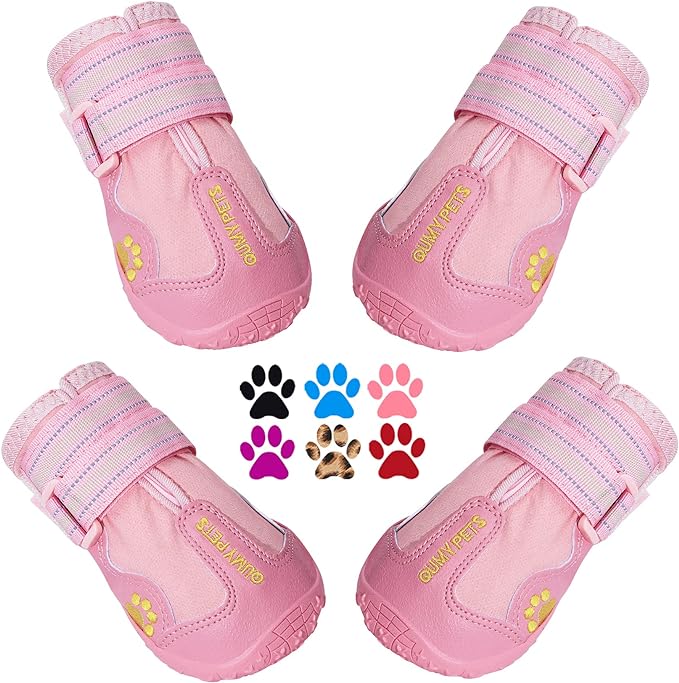QUMY Dog Shoes for Large Dogs, Medium Dog Boots & Paw Protectors for Winter Snowy Day, Summer Hot Pavement, Waterproof in Rainy Weather, Outdoor Walking, Indoor Hardfloors Anti Slip Sole Pink 6