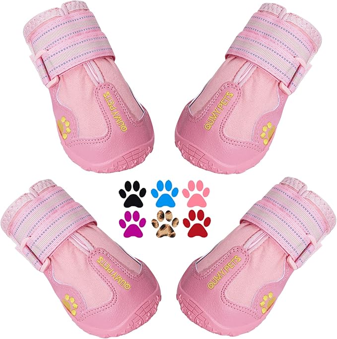 QUMY Dog Shoes for Large Dogs, Medium Dog Boots & Paw Protectors for Winter Snowy Day, Summer Hot Pavement, Waterproof in Rainy Weather, Outdoor Walking, Indoor Hardfloors Anti Slip Sole Pink 7