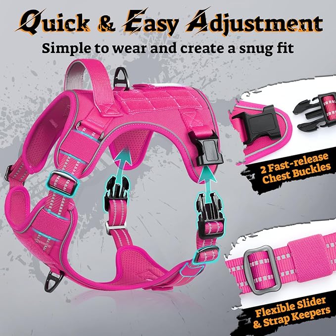 rabbitgoo Dog Harness Small Sized No Pull, Tactical Service Pet Vest with Molle and Control Handle, Adjustable and Reflective Military Harness for Easy Walking and Training, Rose Red, S