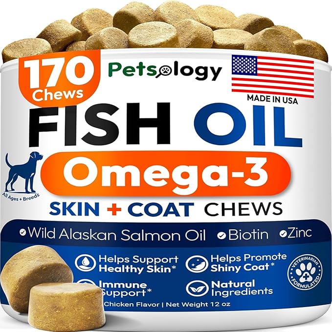 Omega 3 Fish Oil for Dogs - 170 Chews - Omega 3 for Dogs Itchy Skin & Allergy Relief - Skin & Coat Supplement - EPA & DHA Fatty Acids - Dog Anti Shedding & Hot Spot Treatment - Salmon Oil
