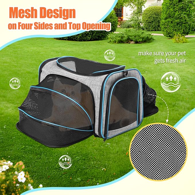 Pet Carrier Airline Approved, Expandable Foldable Soft-Sided Dog Carrier, 3 Open Doors, 2 Reflective Tapes, Pet Travel Bag Safe and Easy for Cats and Dogs