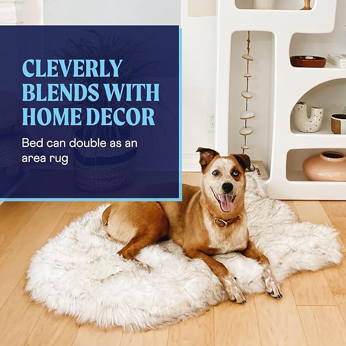 PupRug Orthopedic Dog Bed for Large Dogs with Fluffy Soft Faux Fur and Memory Foam for Joint Pain Relief, Machine Washable and Waterproof Couch Bed, White with Brown Accents, Medium