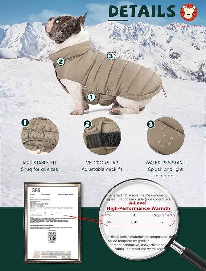 SPACE LION Puffer Jacket, Down Winter Coat, Waterproof, Windproof, Lightweight Jacket, Adjustable Fit for Small, Medium Dogs(Khaki,M)