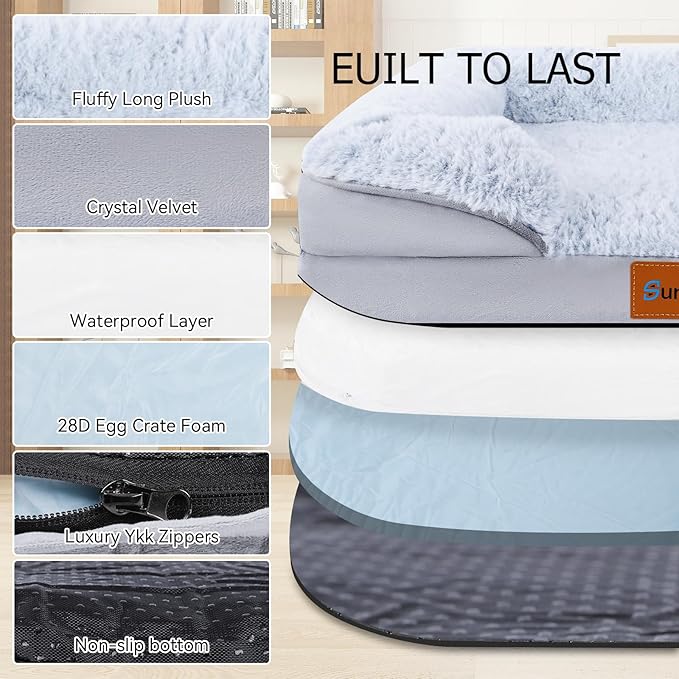 Orthopedic Dog Bed with Memory Foam - Luxurious Plush Surface, Removable & Washable Cover, Non-Slip Bottom, Dog Sizes (Large)