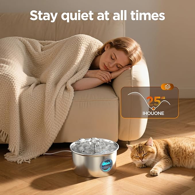 Cat Water Fountain Stainless Steel - 88oz/2.6L Pet Drinking Fountain for Cats Indoor with 8 Filters - Automatic Cat Watering Dispenser Bowl with Water Level Window - Quiet for Cats & Dogs Owners