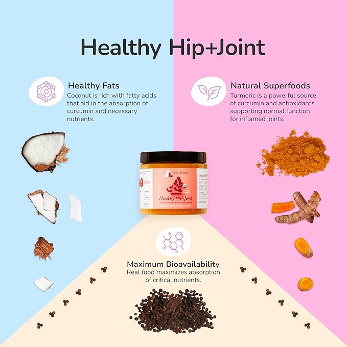 kin+kind Hip and Joint Supplement for Dogs & Cats – Vet Formulated Natural Joint Support with Organic Turmeric, Black Pepper & Coconut – Dog Essentials & Cat Essentials – Made in USA – 4 oz (Medium)