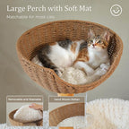 PETEPELA Cat Tree for Large Cats, 48.5" Natural Solid Wood Cat Tower with Big Rattan Basket, Cozy Condo & Flower Cat Tree with Large Perch for Indoor Cats, Kittens, White