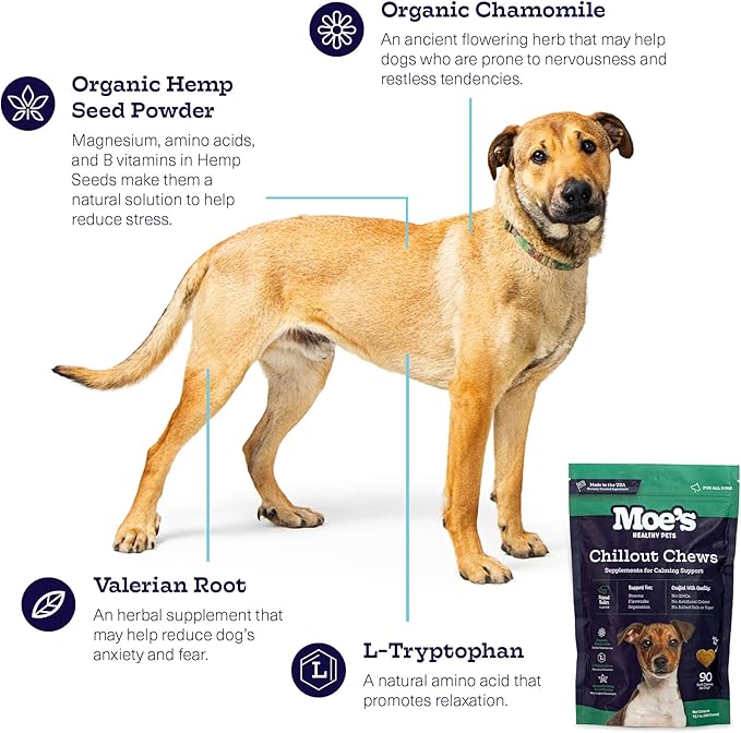 Moe’s Calming Chews for Dogs 90ct – Natural Anxiety Relief with Hemp, Chamomile, and Tryptophan – Calming Dog Treats for Separation, Fireworks, Travel and Storms (Peanut Butter)