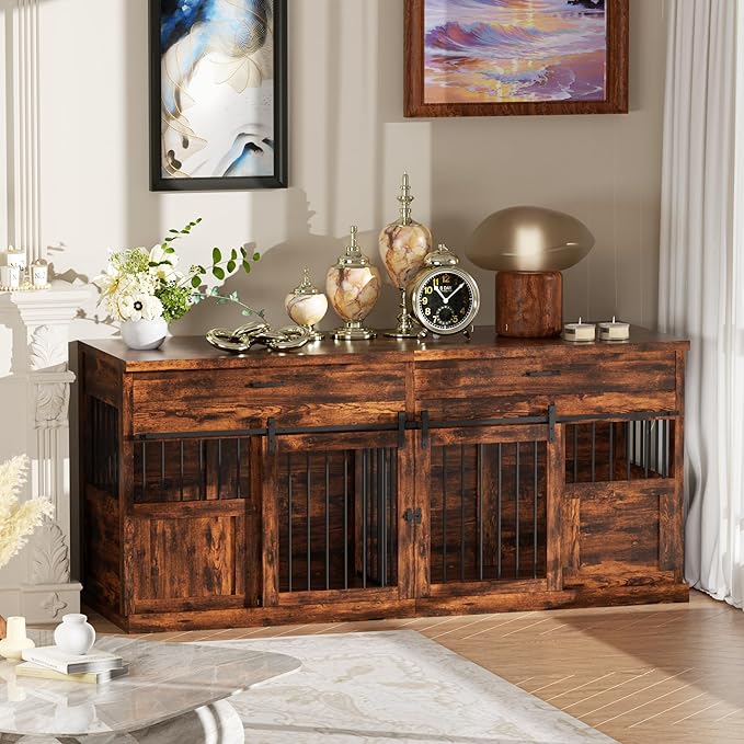 70.9" Dog Kennel Indoor Large, Wooden Farmhouse Dog Crate Furniture with with Divider, Furniture Dog Crate Large Dog