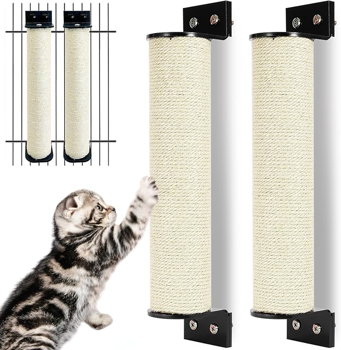 Cat Scratching Post Wall Mounted 2-in-1 Cage Mount Cat Scratcher 2 Pack Natural Sisal Kitty Scratch Posts for Indoor Kittens to Scratch and Climbing 15.7 x 2.7 inches (White)