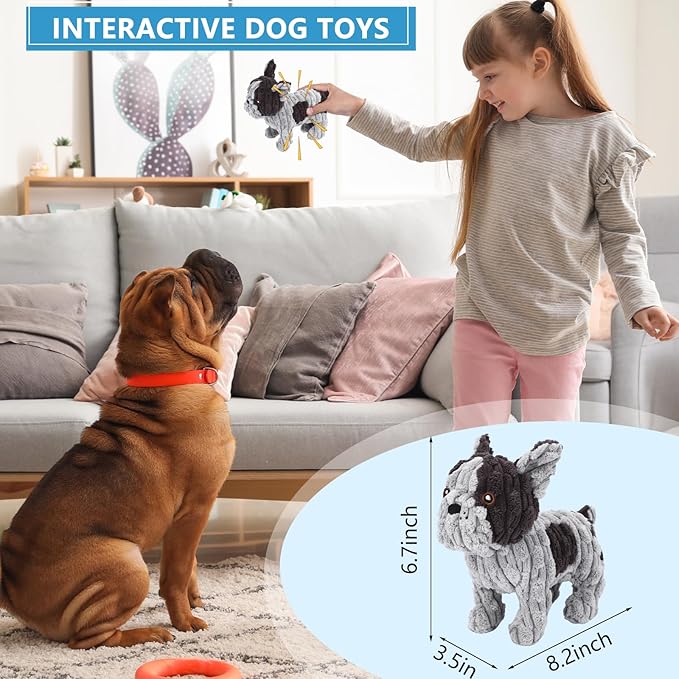 Dog Toys Plush Interactive Dog Toy with Crinkle Paper and Squeaker, Reduce Boredom and Anxiety, Cute Dog for Small Medium Large Dogs, Grey