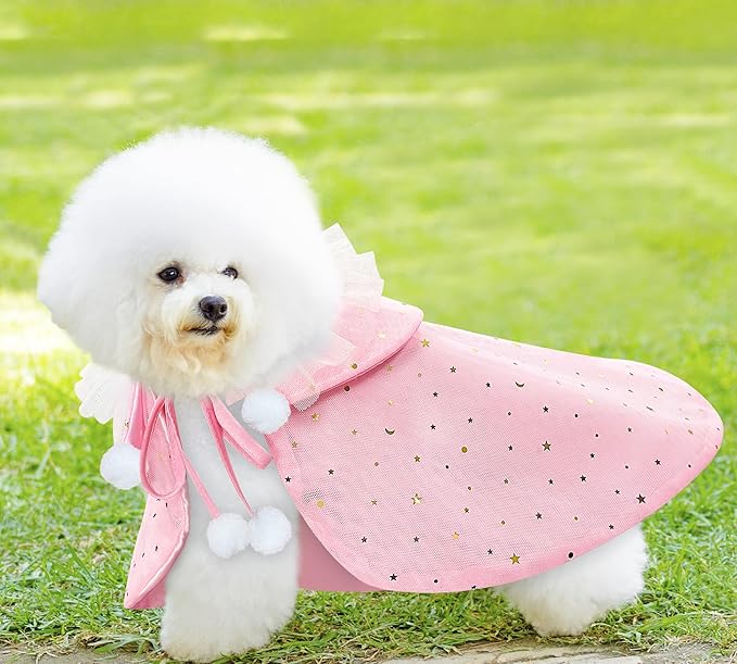 KOUPA Pet Wedding Costume for Cat Small Dogs, Sparkly Cat Clothes Tulle Cloak for Puppy Kitten, Halloween Dog Outfit Suit for Party Holiday Christmas, Pink