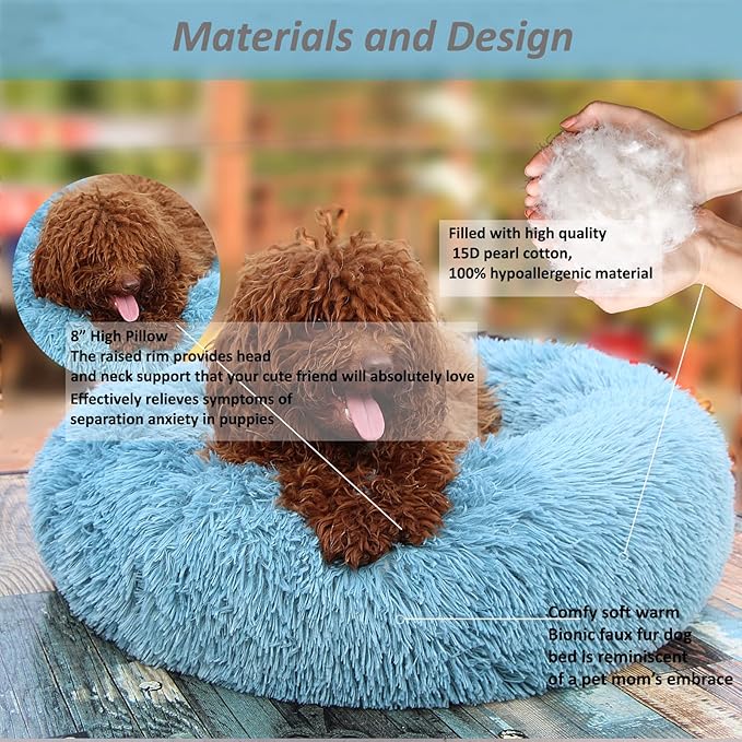 Small Dog Donut Bed for Small Dogs Machine Washable,Calming Donut Blue Dog Bed for Small Puppy with Anxiety，with Fluffy Soft and Comfy Faux Fur Cuddler Pet Bed for Small Pets