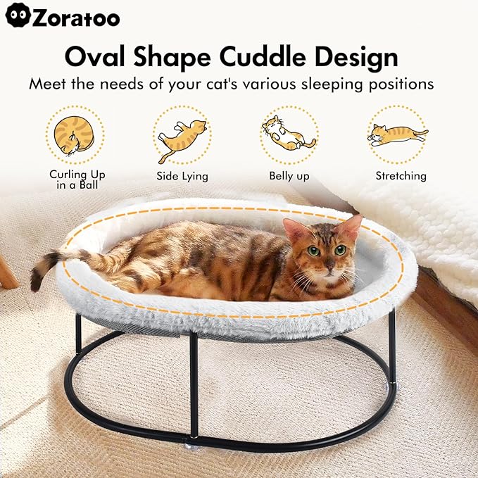 Elevated Cat Hammock Bed for Indoor Cats, Fluffy Warm Cuddle Cat Bed with Detachable Pad Bed Cover, Portable Pet Bed Raised Cuddler for Sleeping Kittens, Small Dog, Oval Cat Hammock Grey