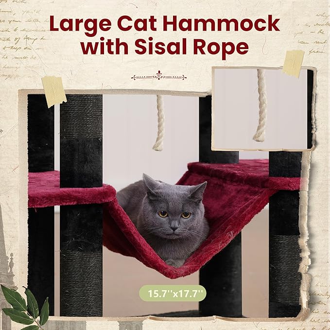 80.7''(205cm) Cat Tree for Indoor Cats, Large Cat Tower for Multi Adult Cats, Cat Tree House with Big Hammock, 2 Top Perches/Cat Condos/Baskets, 8 Scratching Posts, Black(Gothic) GCT034BR