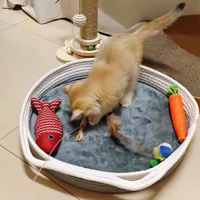 Round Cat Bed for Indoor Cats, Cat Basket Bed, Wicker Cat Donut Beds, Cooling Cat Nest for Summer Sleeping, Washable Pet Pad for Cat Scratching,Grey with Scratching Pad