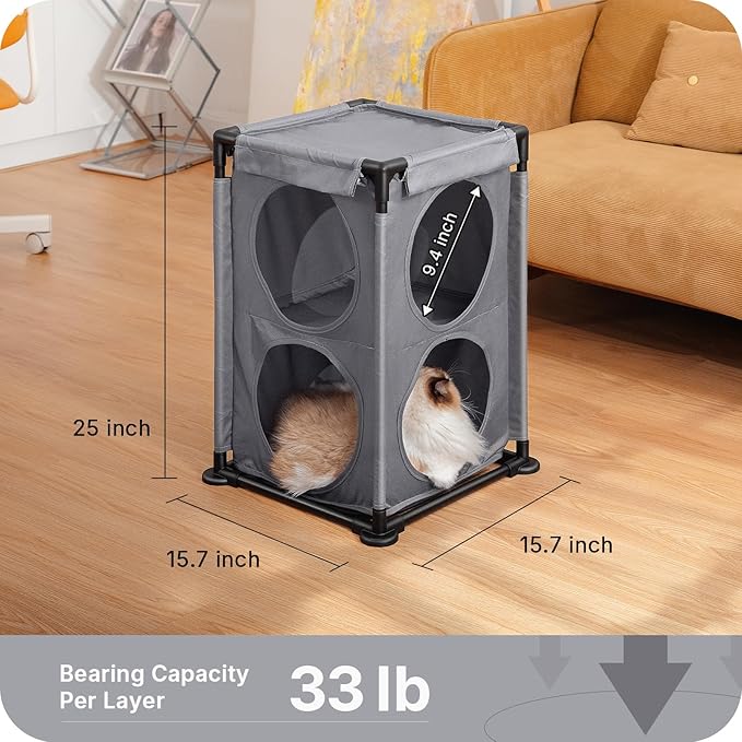 2-Level Cat House&Condo, 2-Story Cat Beds for Indoor Cats, Elevated Cat Cave for Multiple Cats, Outside Cat House, Stable and Easy to Assemble, 15.75'' x 15.75'' x 25.2''inches, Grey