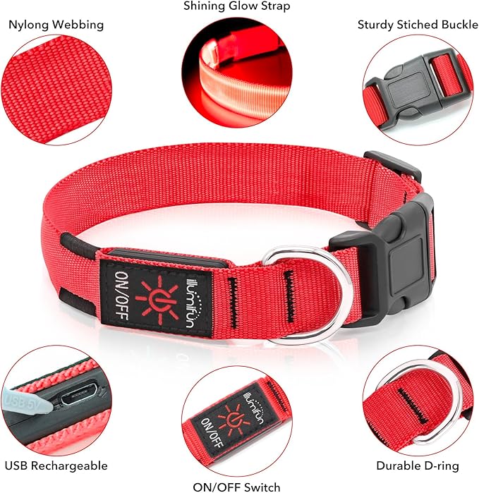 Illumifun Light Up Collar for Dogs, Rechargeable LED Dog Collar, Adjustable Safety Pet Collar Lights for Night Walking (Red, Large)