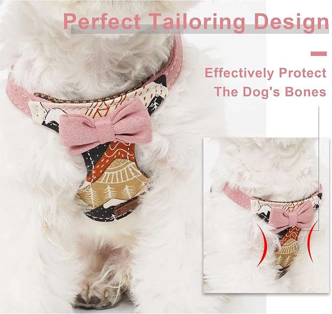 Puppytie No Pull xs Dog Harness with Multifunction Dog Leash,Soft Adjustable No Choke Escape Proof Pet Harness Vest,Suede Bow Pink,XXS