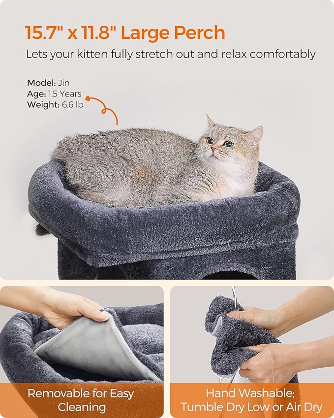 Feandrea Cat Tree, 26.4-Inch Cat Tower, S, Cat Condo for Kittens up to 7 lb, Large Cat Perch, 2 Cat Caves, Scratching Post, Smoky Gray UPCT611G01