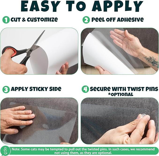 Anti Cat Scratch Furniture Protector, 12-Pack Couch Protector from Cat Claws – Heavy-Duty, Easy-to-Apply Scratching Deterrent and Shield for Sofa Corners, Walls, Doors- with 52 Twist Pins