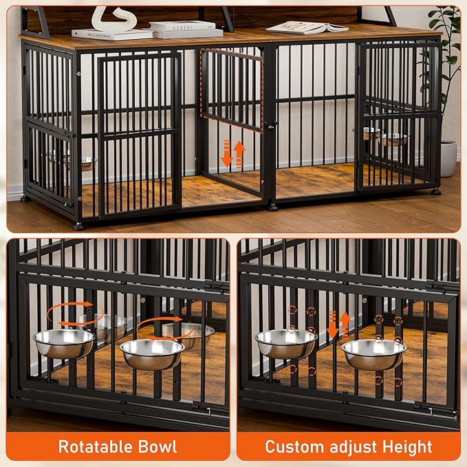 XXL Dog Crate Furniture for 2 Dogs, Extra Large Double Dog Cage Large Breed, Thick Wooden Dog Crate with Storage Rack, 72 Inch Double Dogs House Sturdy Dog Kennel with Removable Divider