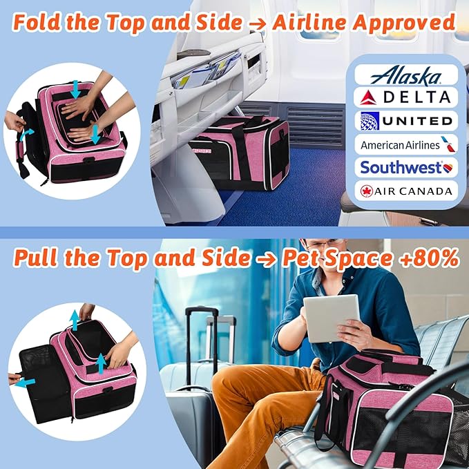 Petskd Top and Side Expandable Pet Carrier 17x11x9.5 Inches Alaska Airline Approved, Soft-Sided Carrier for Small Cats and Dogs with Locking Safety Zippers and Anti-Scratch Mesh(Pink)