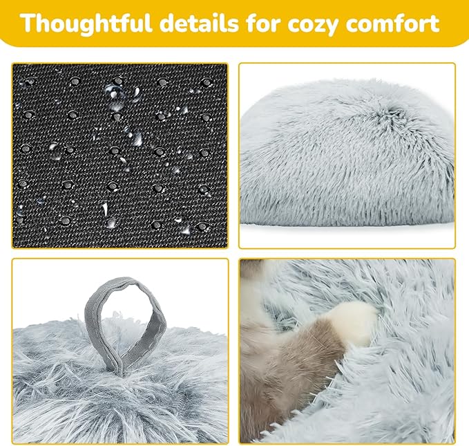 CATISM Cat Bed, Cat Cave for Indoor Cats, Soft Cat Dome, Self-Warming 2 in 1 Foldable Pet Cat House with Washable Cushioned Pillow Calming Fluffy Dog Beds for Small Dogs with Anti-Slip Bottom Gray