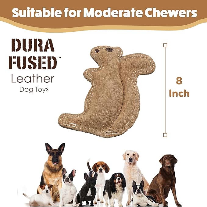 SPOT Dura-Fused Leather Squirrel Dog Toy – Real Leather & Jute Fabric, Double-Stitched & Durable, Soft Stuffed Squeaky Interactive Chew Toy for Moderate Chewers, Small & Medium Dogs, 8in
