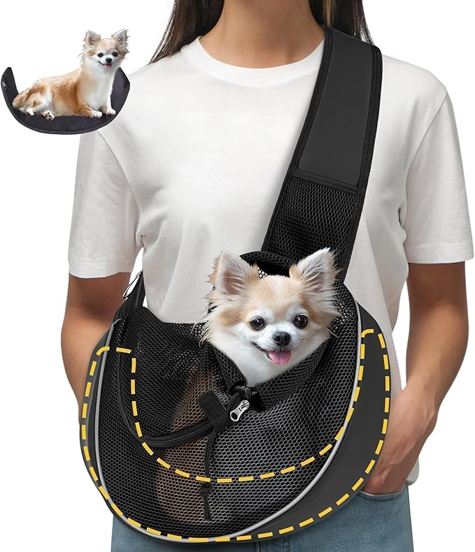 Upgraded Breathable Mesh Dog Sling Carrier for Small Dogs & Cats Up to 10 lbs- Detachable Hard Bottom, Adjustable Strap & Large Pocket - Hands-Free Pet Carrier for Travel Walking Hiking (Black Size M)