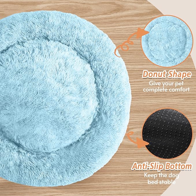 JOLLYVOGUE Calming Dog & Cat Bed for Large Dogs, Anti-Anxiety Donut Cuddler Cozy Soft Round Bed with Anti-Slip Bottom, Fluffy Faux Fur Plush Cushion Beds for Medium Dogs (36")