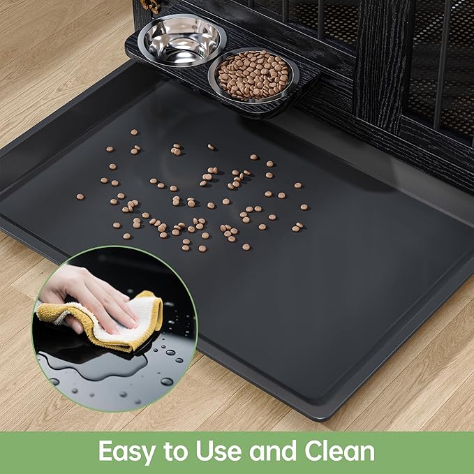 Dog Crate - 31.5" Wooden Dog Cage with Removable Tray & 360° Rotating Feeder | Decorative Dog Kennel Furniture Indoor | Multi-Functional End Table for Medium & Small Dogs | Black Portable Pet Crate