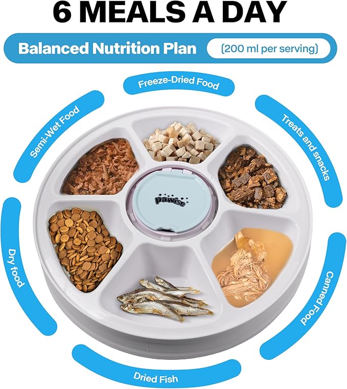 Pawise Automatic Cat Feeder, 6-Meal Programmable Pet Food Dispenser with Bird Chirp Sound Alert, Battery Operated, BPA-Free, Bonus Snack Ball Toy, for Cats & Small Dogs（Batteries Not Included