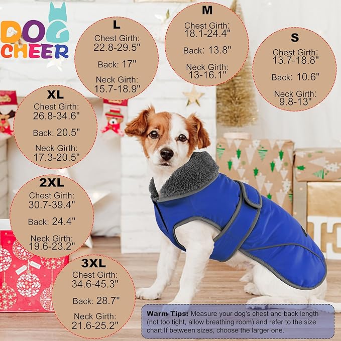 Dogcheer Dog Coat, Christmas Dog Jacket Waterproof Puppy Winter Coat for Cold Weather, Reflective Adjustable Pet Snow Jacket Warm Turtleneck Fleece Sweater for Small Medium Large Dogs - Blue, M